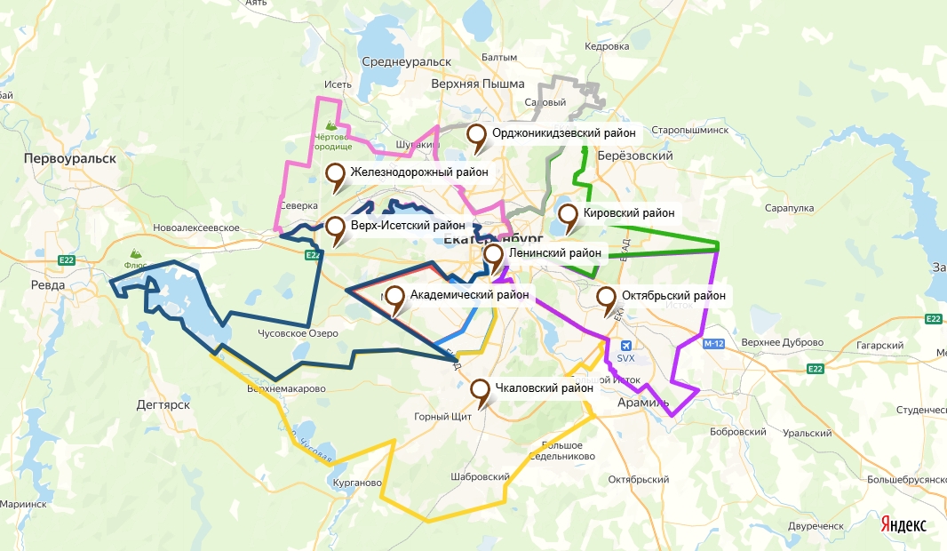 Районы Екатеринбурга на карте